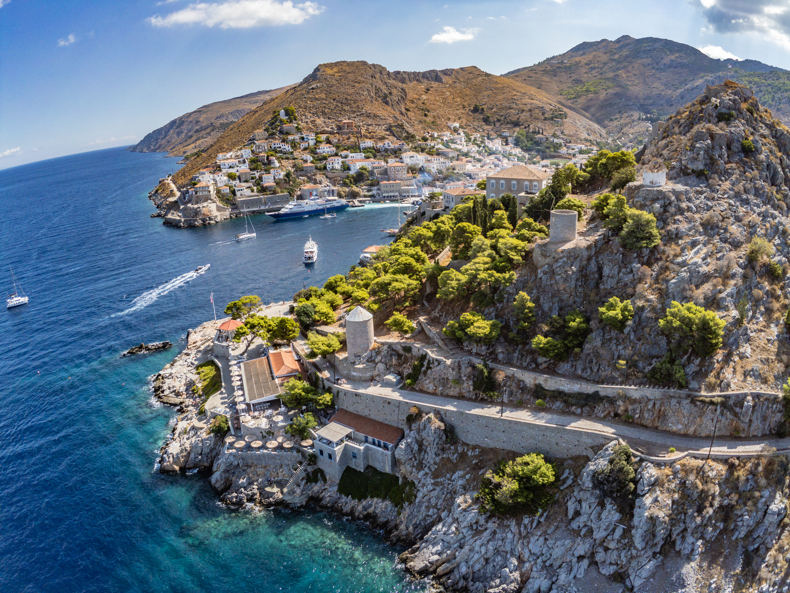 Aerial view of Hydra in the Argosaronic, easily discoverable with Keytours' island tours from Athens. 
